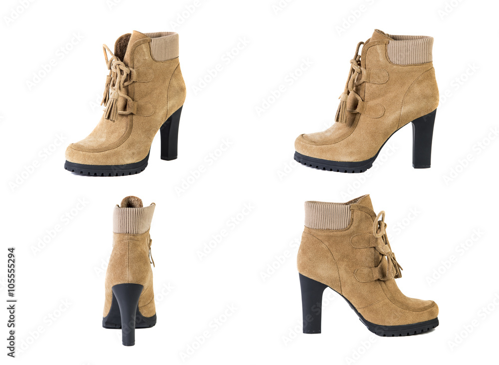 Collage of shoes women's shoes on a white background, brown shoes, suede boots Spring Collage of shoes women's shoes on a white background, brown shoes, suede boots Spring