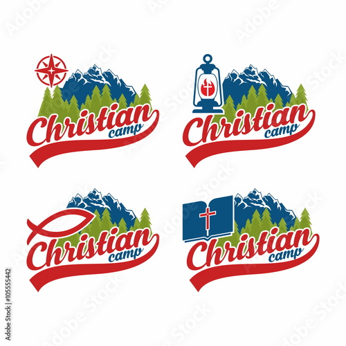 Set of logo christian camp. Summer bible camp.