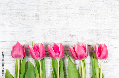 Fototapeta Naklejka Na Ścianę i Meble -  Tulips on wood background. Space for text.