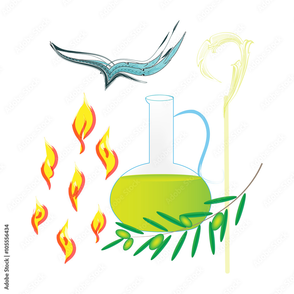 Sacrament of Confirmation, symbolic vector drawing illustration, with the holy olive oil and