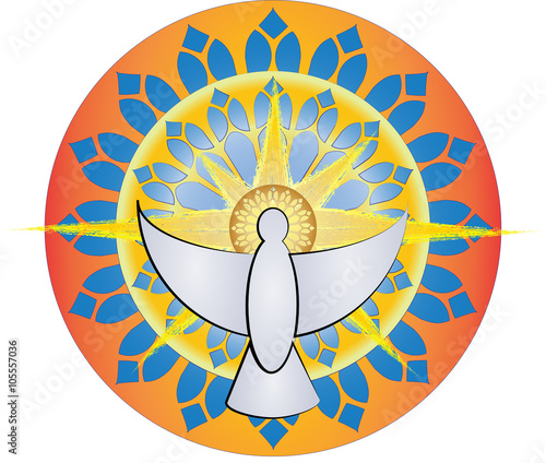 Holy Spirit symbol, dove with gothic rosette halo and light rays