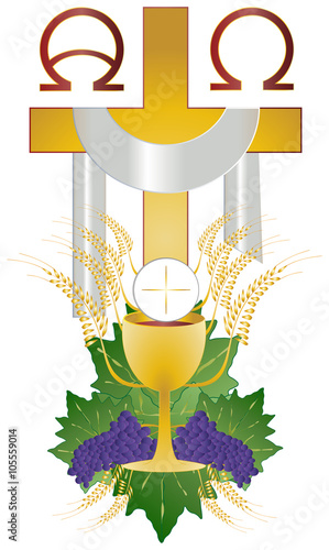 Eucharist symbol of bread and wine, chalice and host, with wheat ears wreath and grapes, with a cross. First communion illustration.