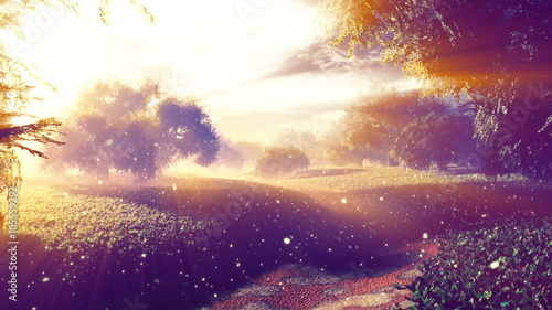 Amazing Natural Wonderland wth Fireflies and Lightrays in the Sunset Sunrise 3D Animation with cinematic camera motion