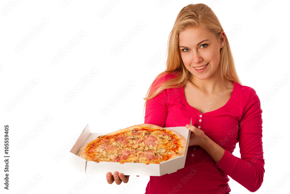 Woman with big pizza in carton box can't wait to eat it.