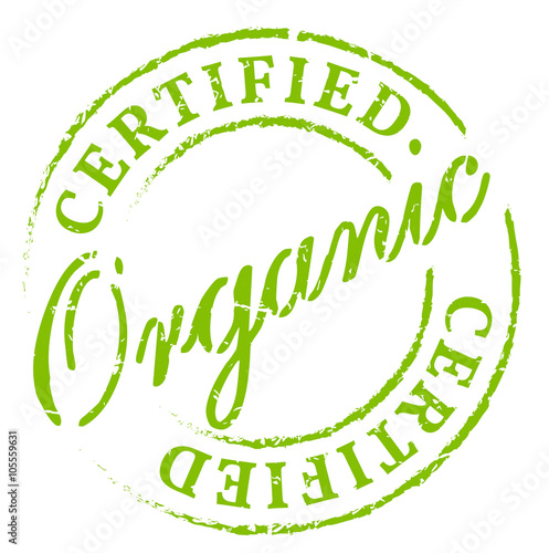 Green organic certified stamp. Eco product symbol, disstressed natural rubber stamp on white background. Sign of product fresh and healthy nature.