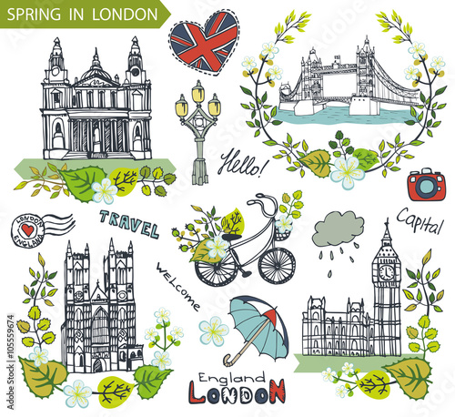 London  landmark.Spring green leaves wreath group