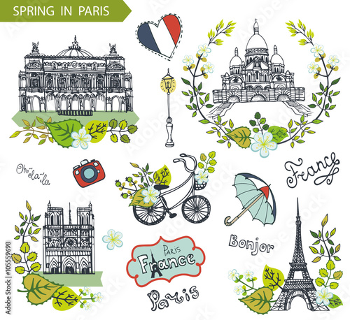 Paris spring.Famous landmarks,floral decor set