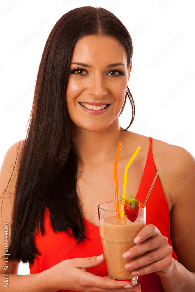 Woman drinking healthy fresh fruit smoothie decorated with red s Woman drinking healthy fresh fruit smoothie decorated with red s