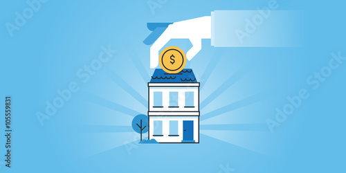 Flat line design website banner of housing loans, banking, saving money for a real estate, investment. Modern vector illustration for web design, marketing and print material.