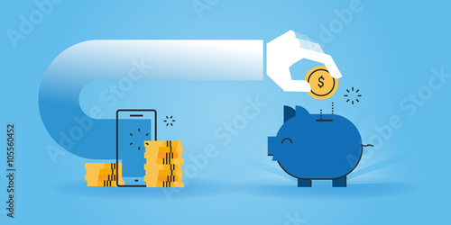 Flat line design website banner of saving money while shopping online, cheap online shopping. Modern vector illustration for web design, marketing and print material.