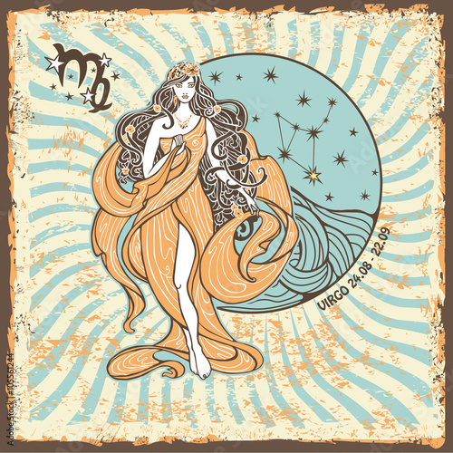 Virgo zodiac sign.Vintage Horoscope card