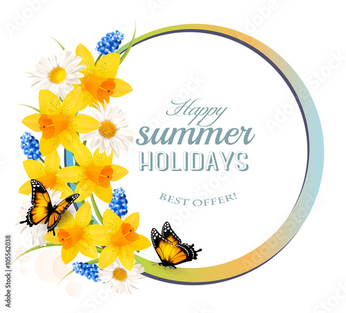 Fototapeta Naklejka Na Ścianę i Meble -  Happy Summer Holidays banner with flowers and butterflies. Vecto