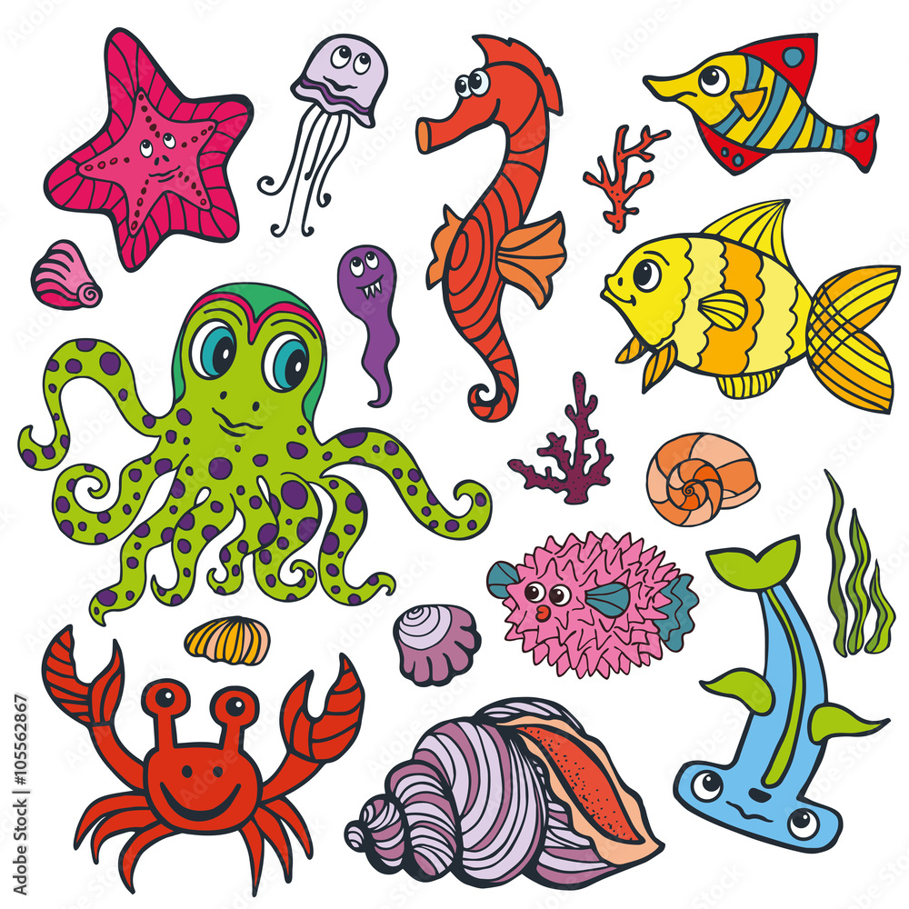 Fototapeta premium Cartoon Funny Fish, Sea Life .Colored Doodle set