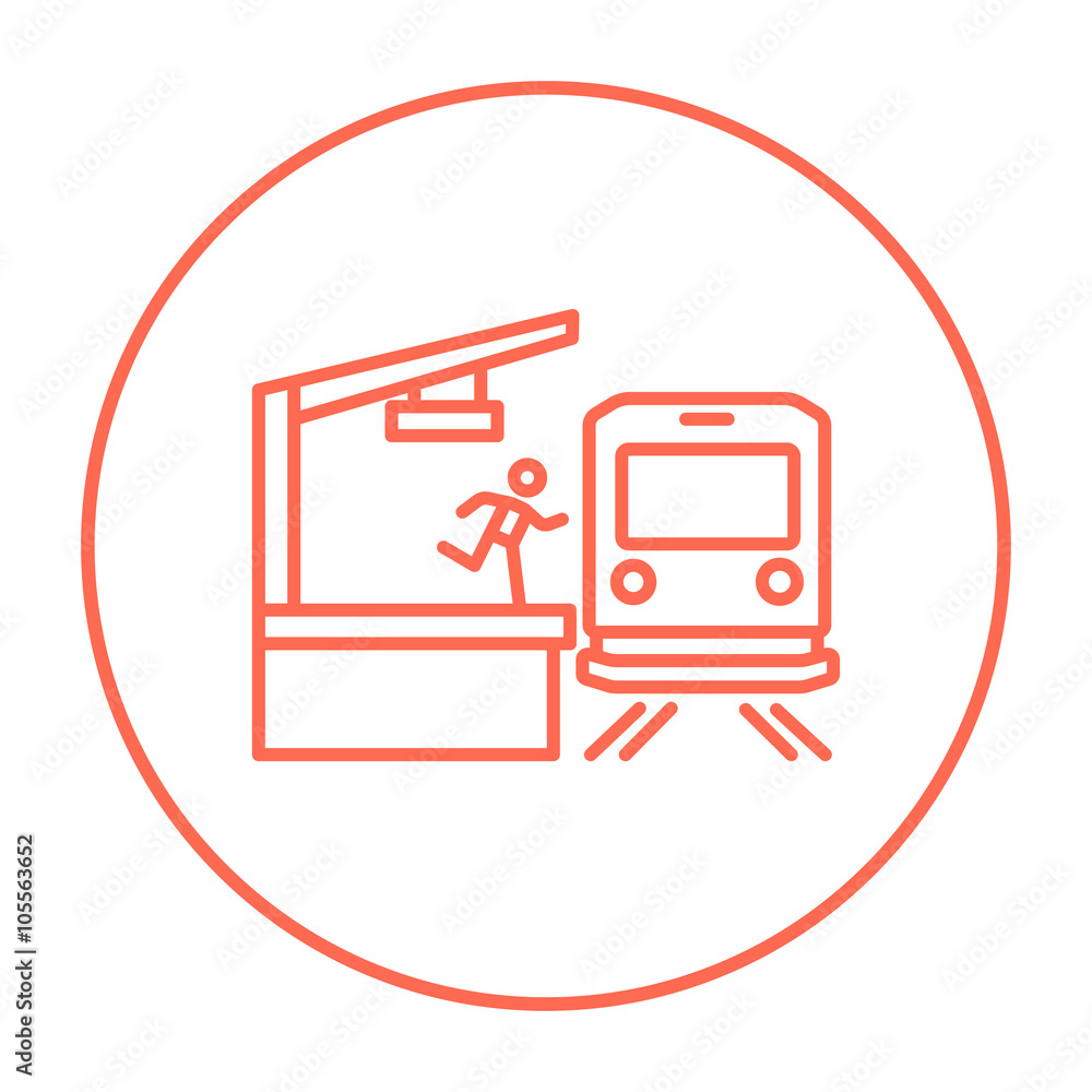 Latecomer man running along the platform to reach train line icon. Latecomer man running along the platform to reach train line icon.