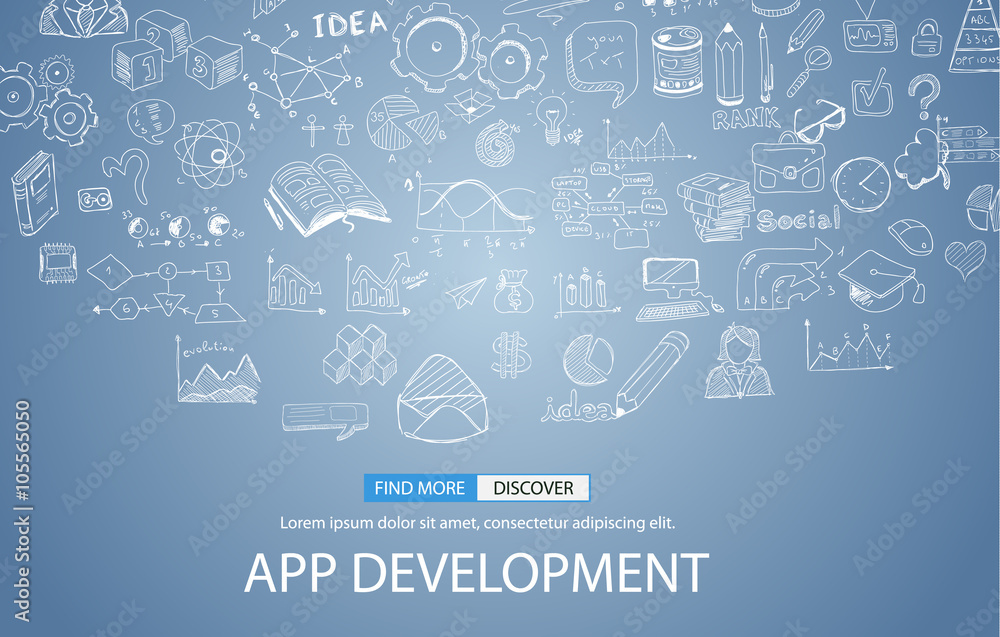 App Development Concept Background with Doodle design style :user interfaces,