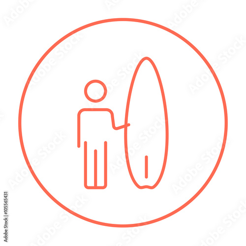 Man with surfboard line icon.