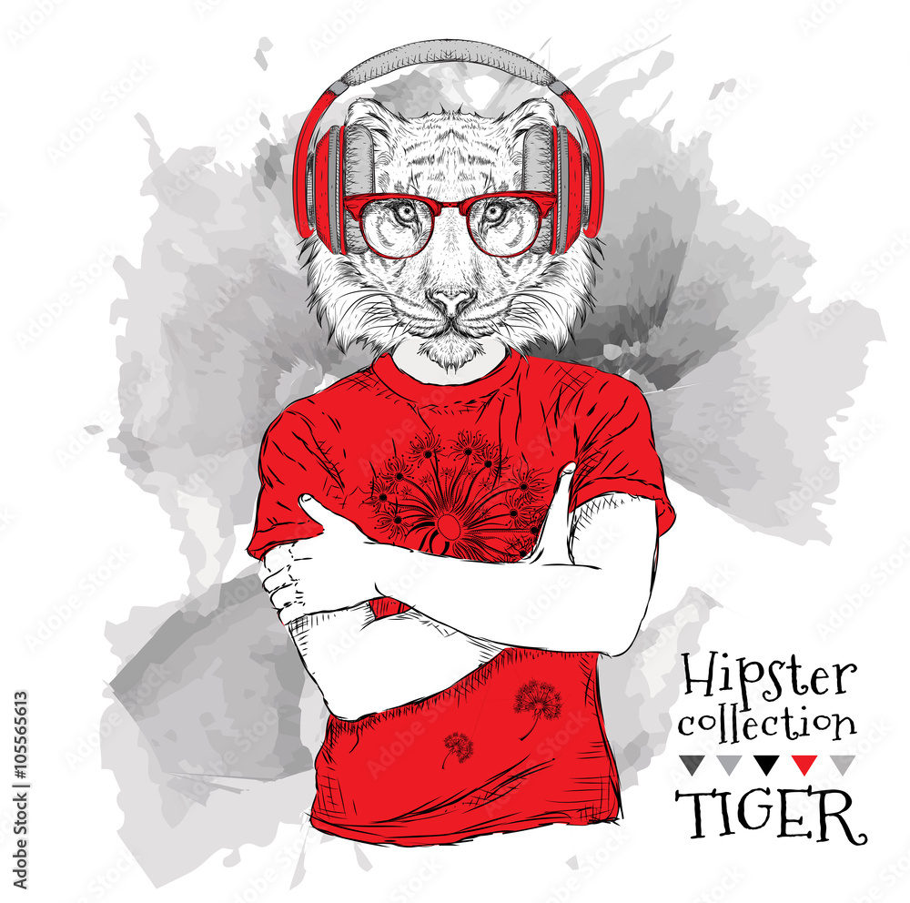 Φωτογραφία Illustration of tiger hipster dressed up in t-shirt, pants and  in the glasses and headphones