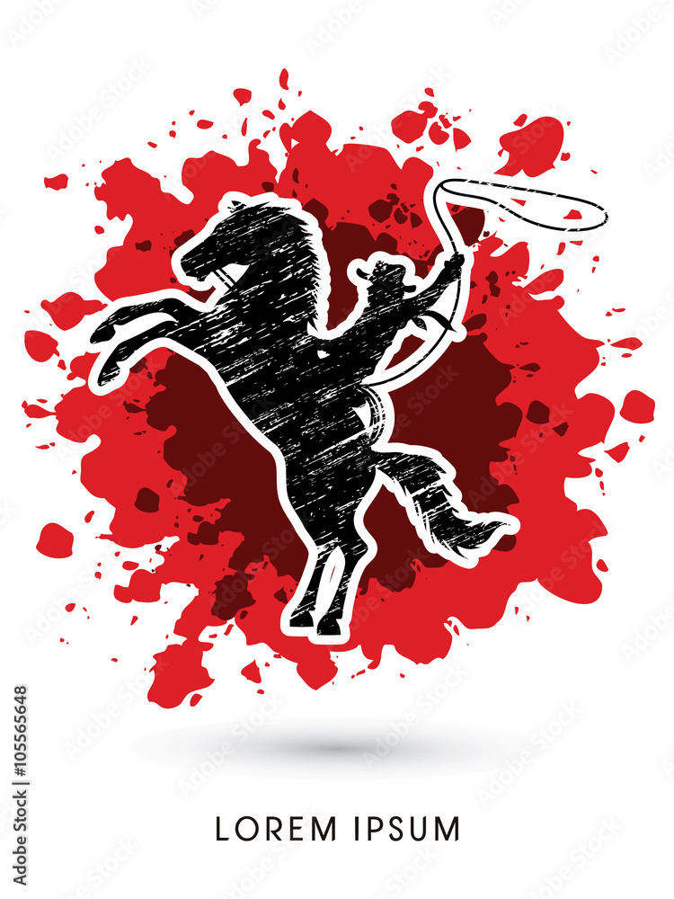 Φωτογραφία Silhouette, Cowboy on bucking horse with lasso, designed using grunge brush on grunge splash blood background graphic vector