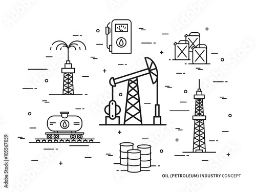 Oil production linear vector illustration with oil derrick, petrolium, fuel, gasoline, barrel, petrol tower. Oil production creative graphic concept. 