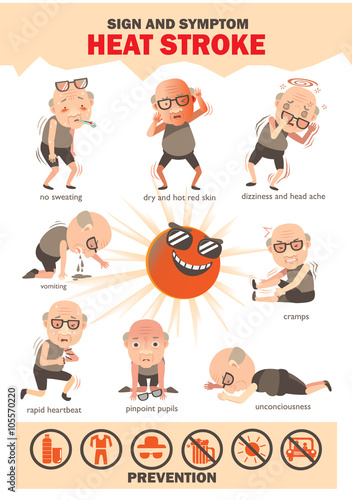 Heat stroke 
Signs and symptoms info graphics about heat stroke risk sign and symptom and prevention.cartoon vector illustration