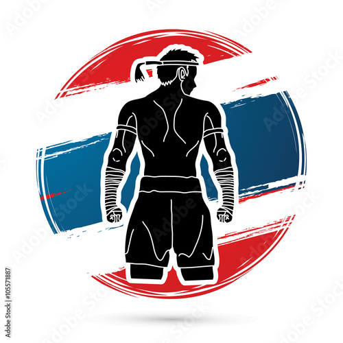 Muay Thai, Thai Boxing, Sport pose, design on Thailand Flag background graphic vector.