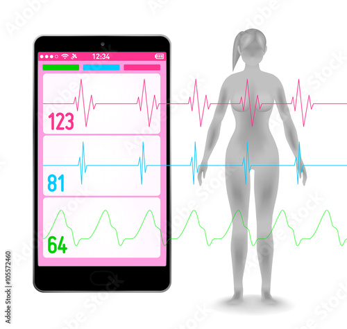 woman body silhouette and vital sign, smart phone application,medical and health care, vector illustration