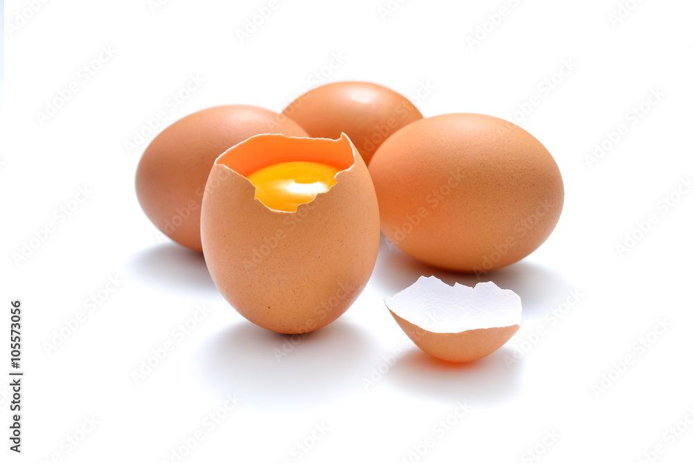 Close up of cracked egg isolated on white background Close up of cracked egg isolated on white background