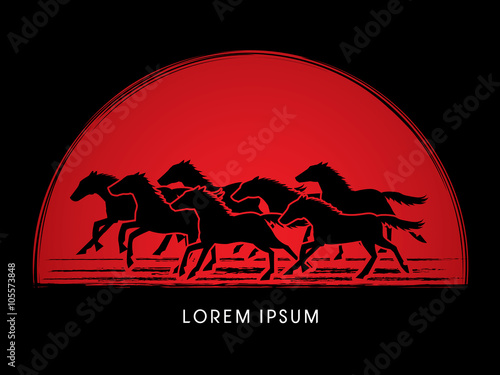 7 horses running, designed on sunset or sunrise background graphic vector.