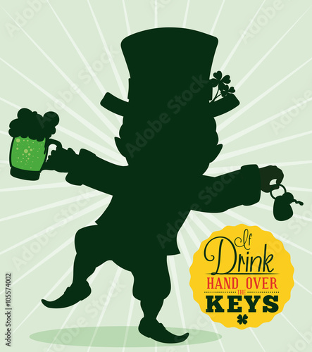 Driver Reminder Safety with Leprechaun Silhouette, Vector Illustration