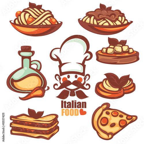 Italian menu, vector collection of food symbol and icons in cart