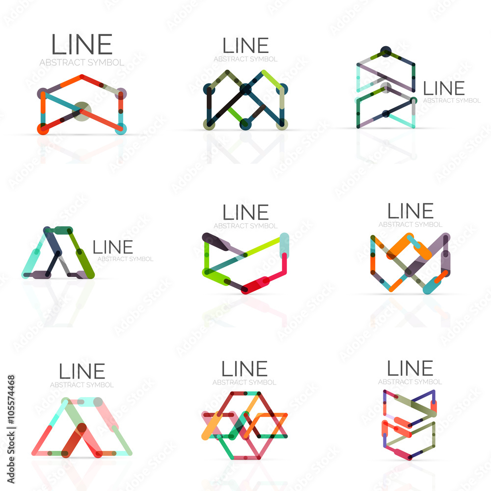 Set of linear abstract logos, connected multicolored segments lines in geometrical figures Set of linear abstract logos, connected multicolored segments lines in geometrical figures