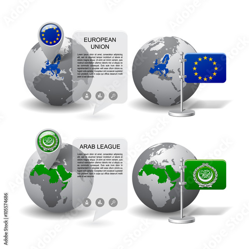 Gray Earth globes with designation of European Union and Arab Le
