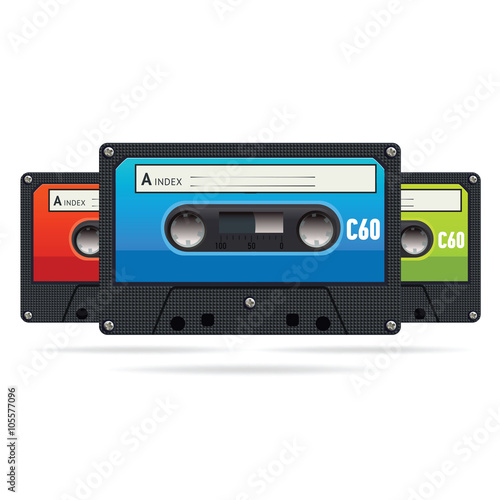 Three isolated colored vector vintage audiotapes
