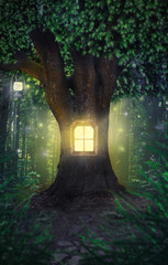 Poster Sprookjeswereld Feeënboom in betoverd magisch bos  © Africa Studio