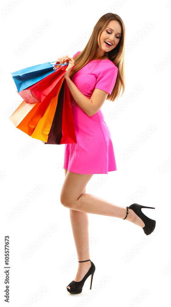 Young pretty woman with shopping packages isolated on white