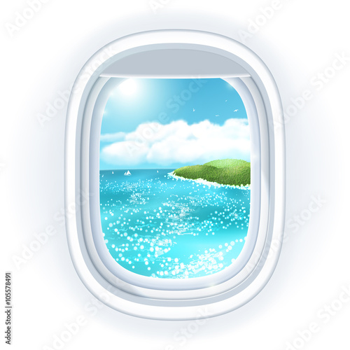 Realistic aircraft porthole (window) with bright sea or ocean in it and tropical island, view through travelling over the sea. Vector illustration, isolated on white.
