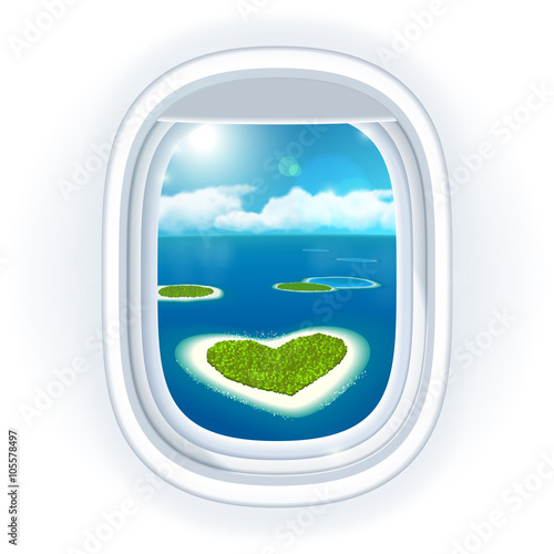 Realistic aircraft porthole (window) with blue sea or ocean in it and small tropical islands, one island is heart-shaped, view through travelling over the sea. Vector illustration, isolated on white.