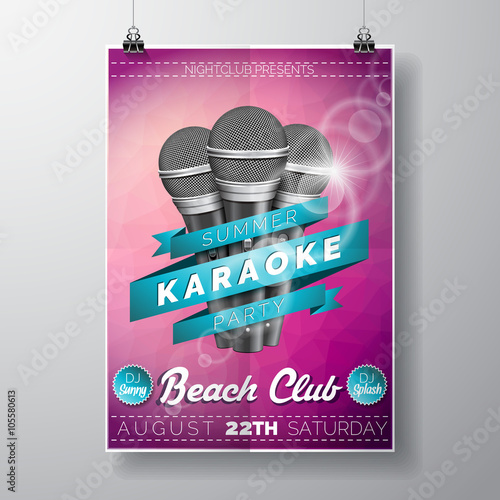 Vector Flyer illustration on a Summer Karaoke Party theme with microphones and ribbon on violet background.