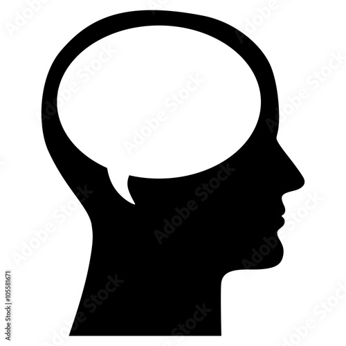 Menschliches Gesicht im Profil mit einer Sprechblase als Gehirn – schwarz-weiß / Vektor / freigestellt