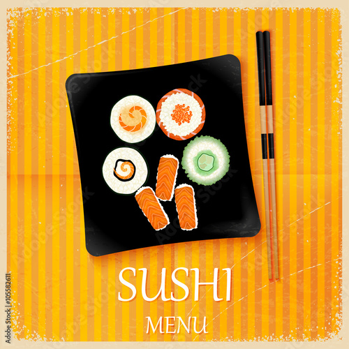 Retro vintage sushi menu with a square plate. Vector illustratio