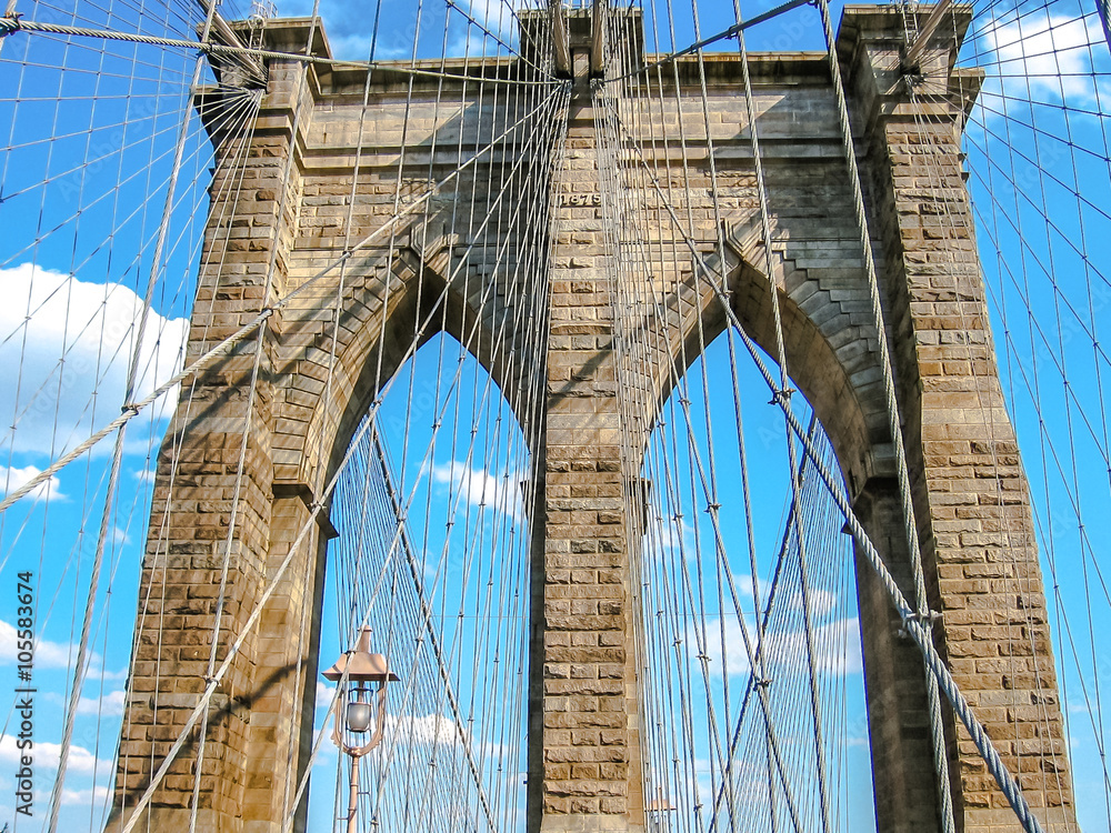 Obraz premium Close up of Brooklyn Bridge with all its characteristic metal wires, New York, United States.
