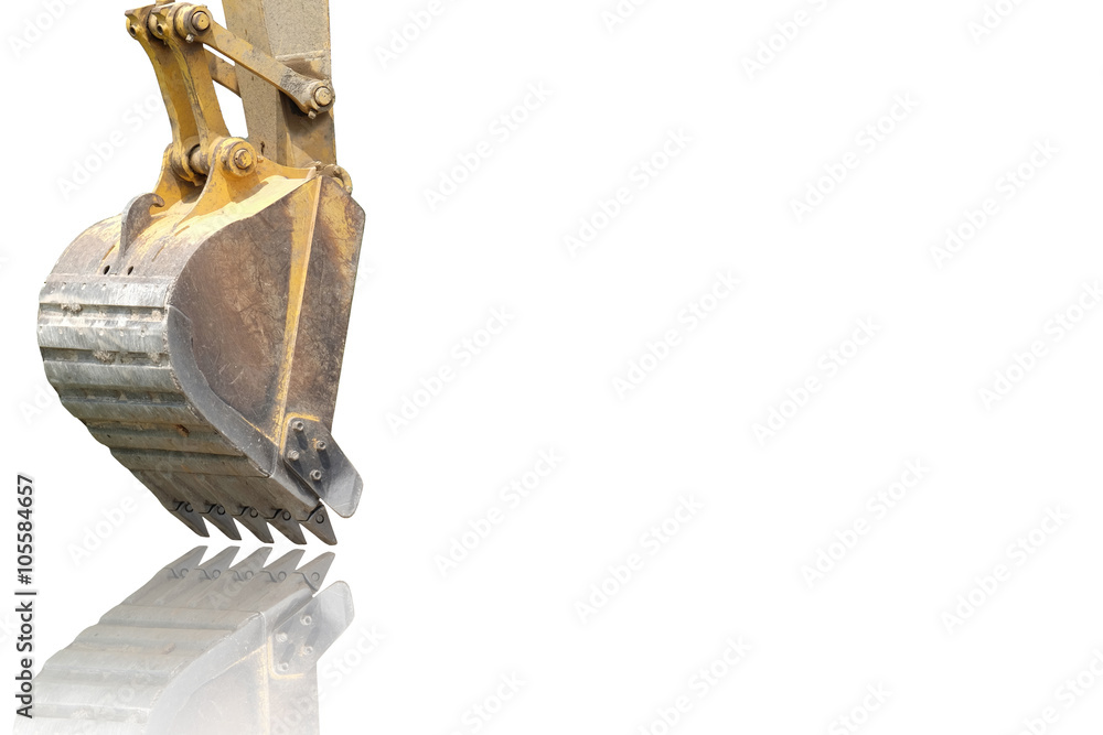 Obraz premium yellow bucket of track-type loader excavator with reflection 
