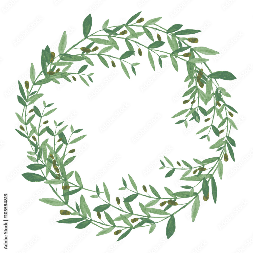 Watercolor olive wreath. Isolated illustration on white background