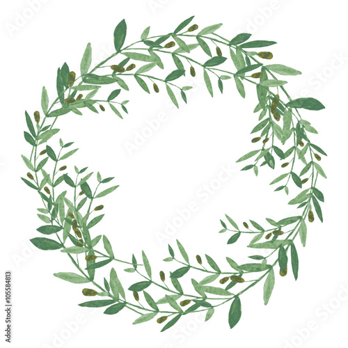 Watercolor olive wreath. Isolated illustration on white background