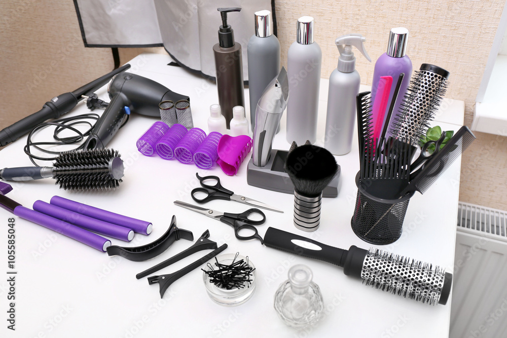 Professional hairdresser tools on table Professional hairdresser tools on table