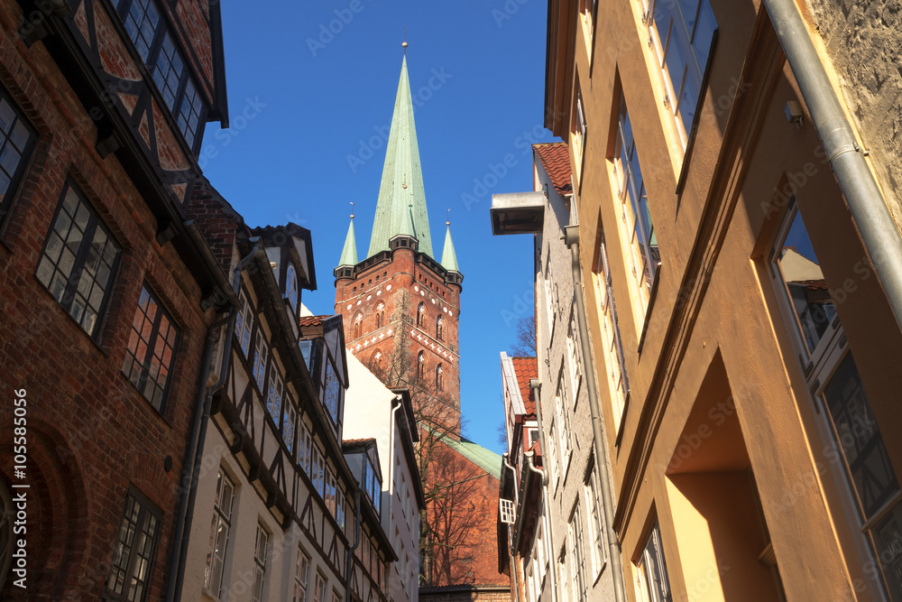 typical narrow urban street in the historic old town Luebeck