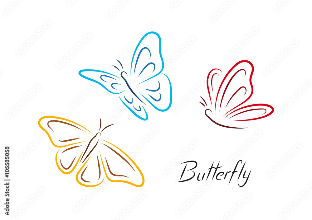Fototapeta premium Color butterflies.Three colored isolated handrawn simple butterflies.