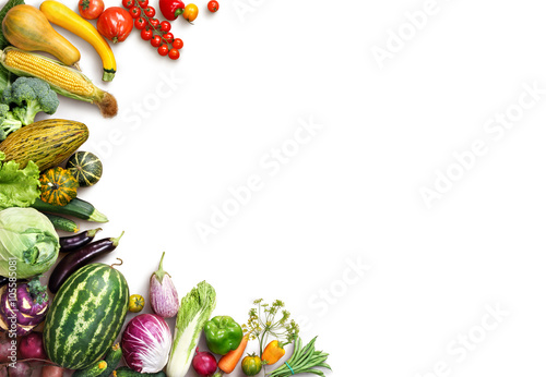 Fototapeta Naklejka Na Ścianę i Meble -  Healthy eating background. Food photography  different fruits and vegetables isolated white background. Copy space. High resolution product
