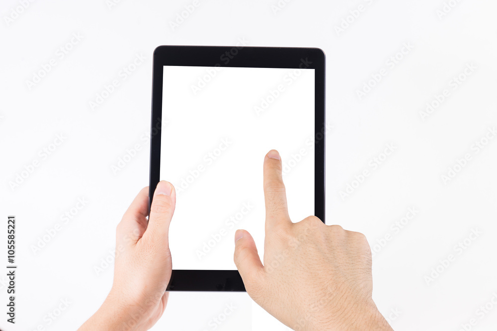 Man's hand holding and touch to tablet on white background Man's hand holding and touch to tablet on white background