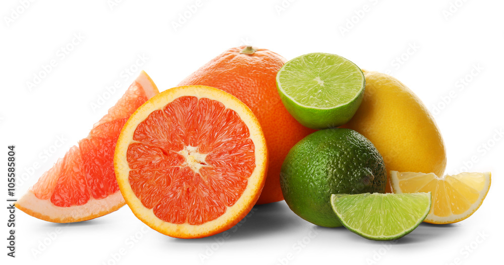 Mixed citrus fruit including lemons, grapefruits, orange and limes isolated on a white background, close up Mixed citrus fruit including lemons, grapefruits, orange and limes isolated on a white background, close up